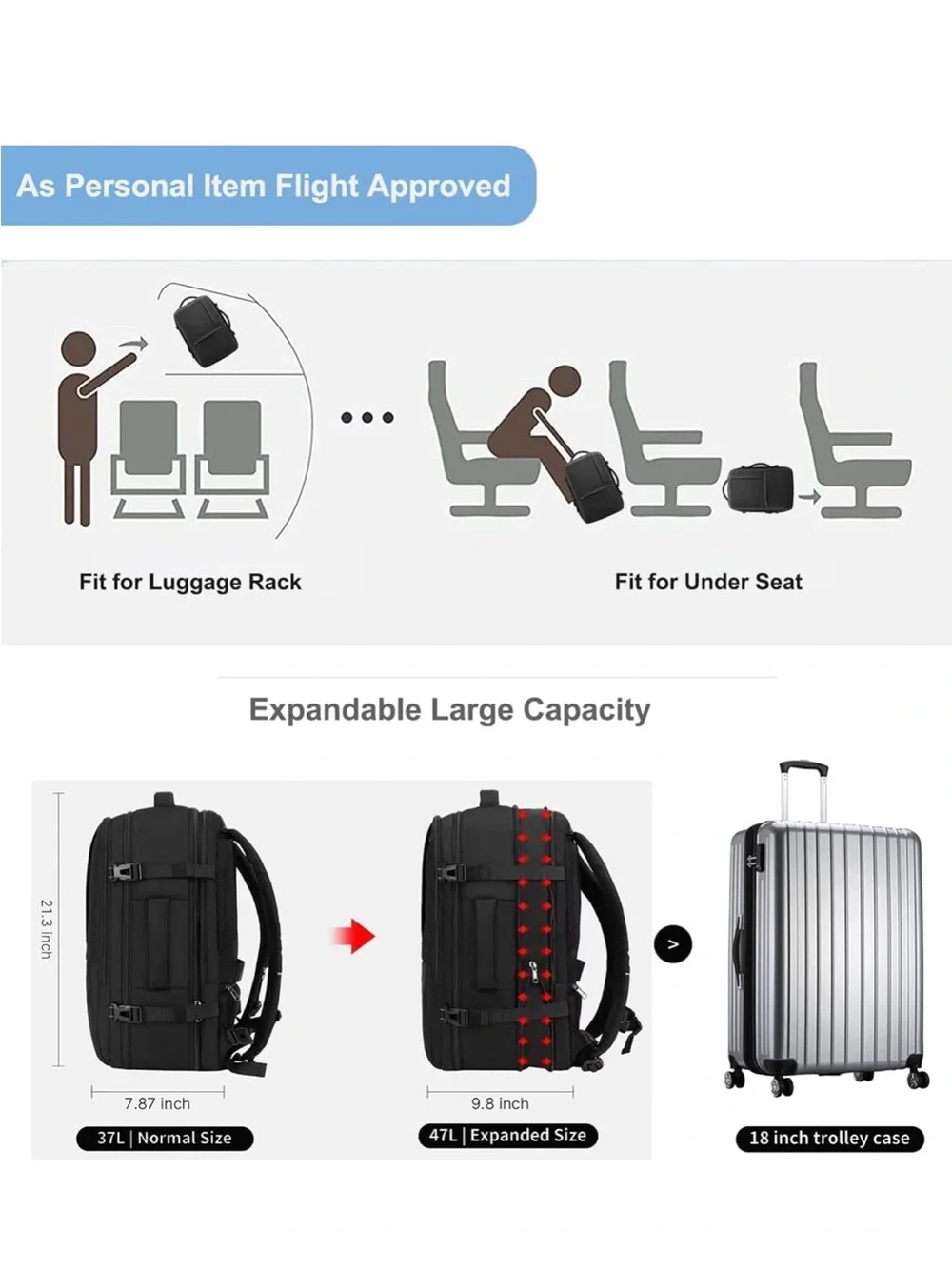 Black Travel Backpack with Hidden Straps - Men